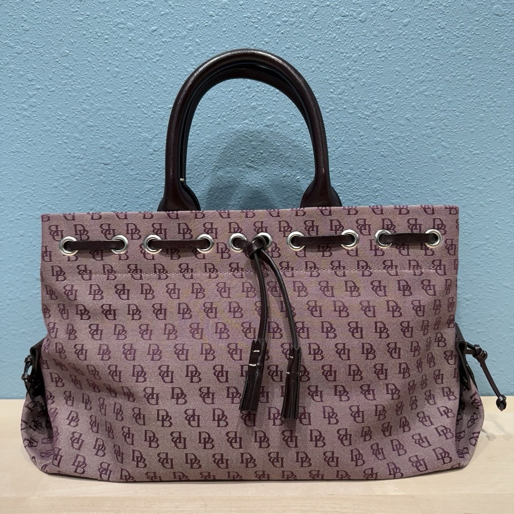Dooney & Bourke Signature Canvas Satchel Logo Bag Double Leather Handles Tassels